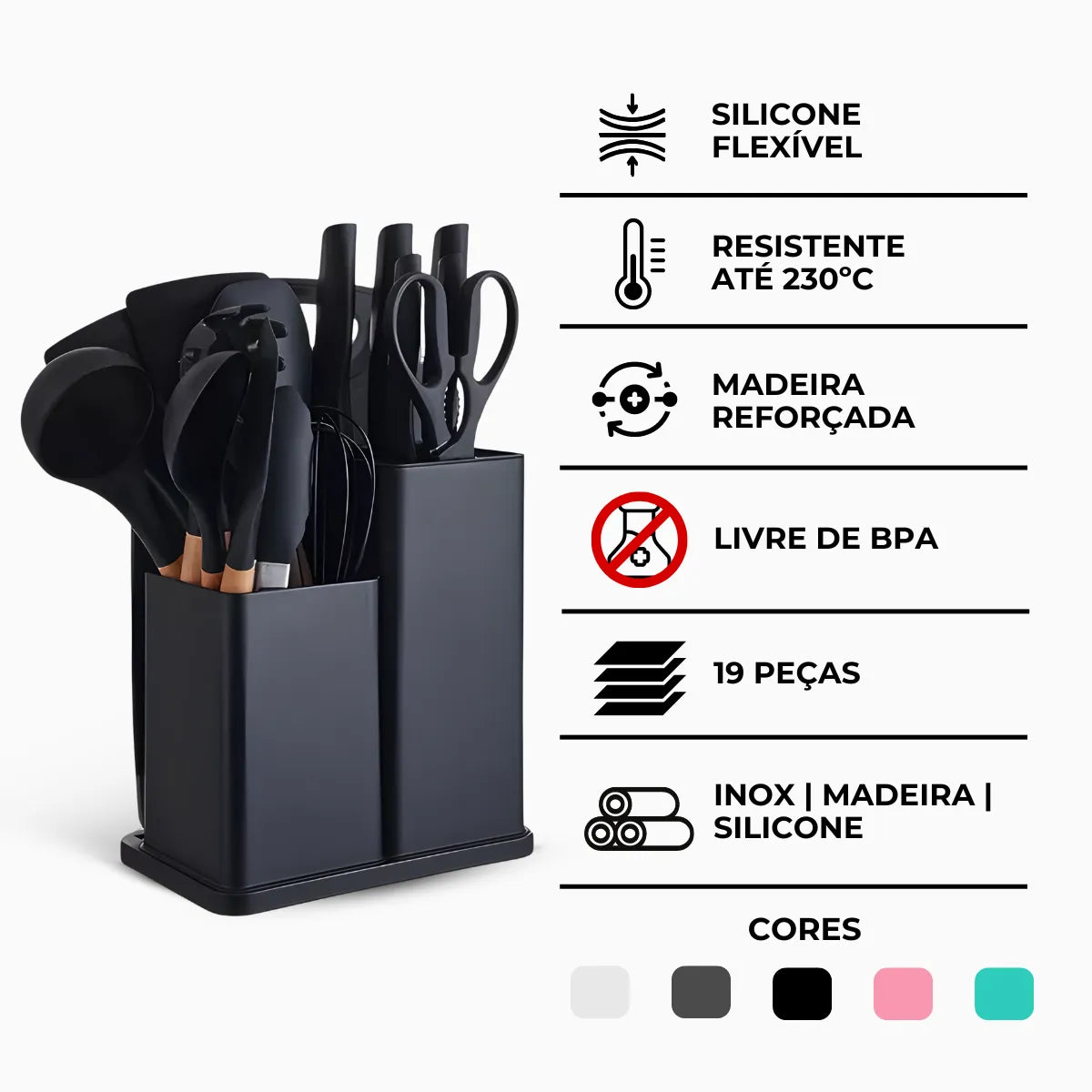 Kit Utensílios de Cozinha Silicone 19 Peças